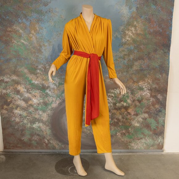 Vintage * LILLI ANN * 80s Mustard Yellow Draped Jumpsuit with Red Sash Belt - Picture 3 of 16
